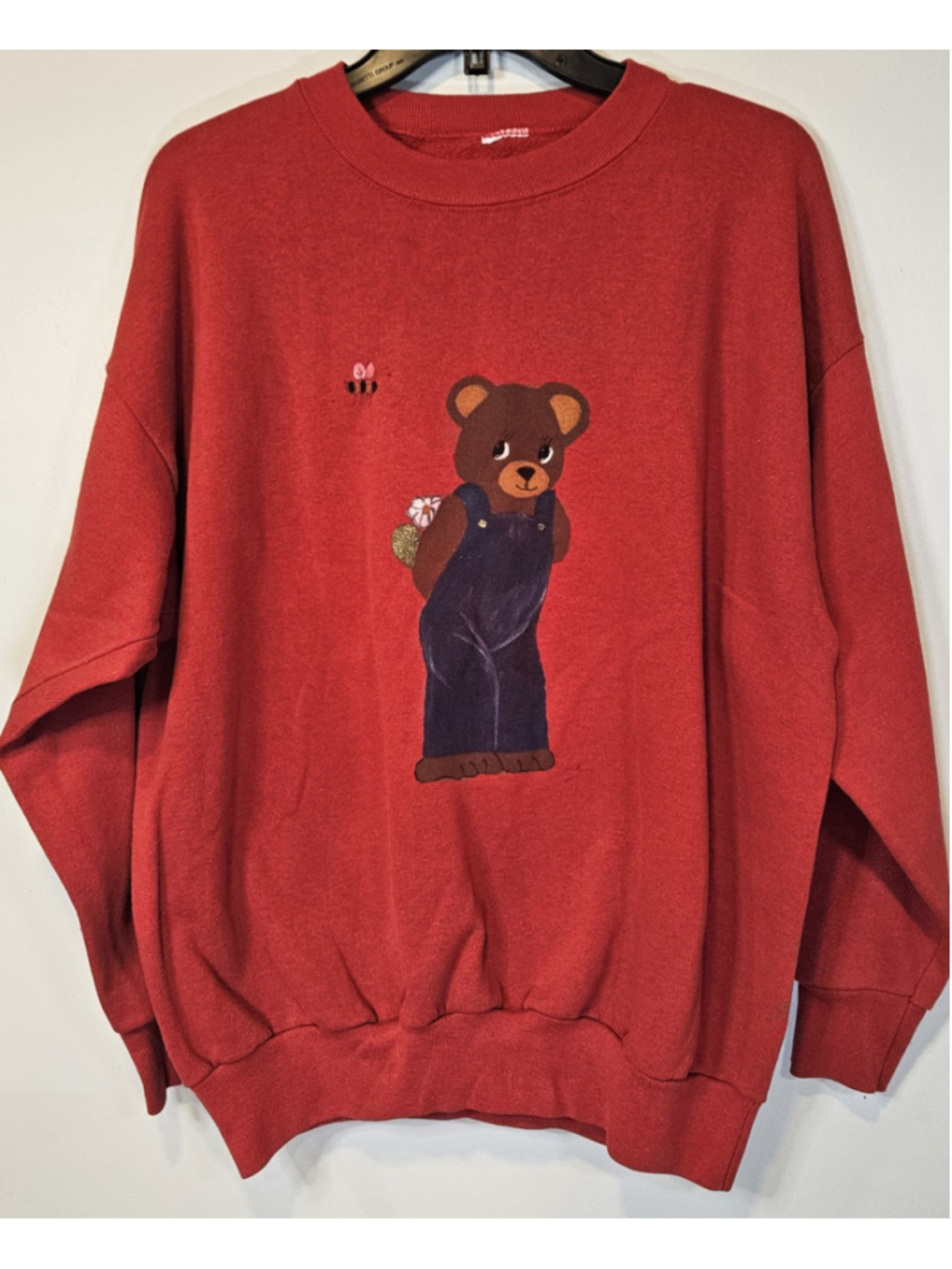 Vintage 90s Teddy Bear Sweatshirt Red Overalls Bee Cottagecore Crewneck
